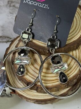 paparazzi Silver and Black Crystal Hoop Dangle Earrings